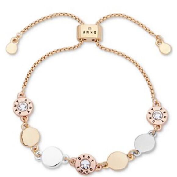 DKNY Tri-Tone Crystal & Logo Disc Slider Bracelet - Picture 1 of 4